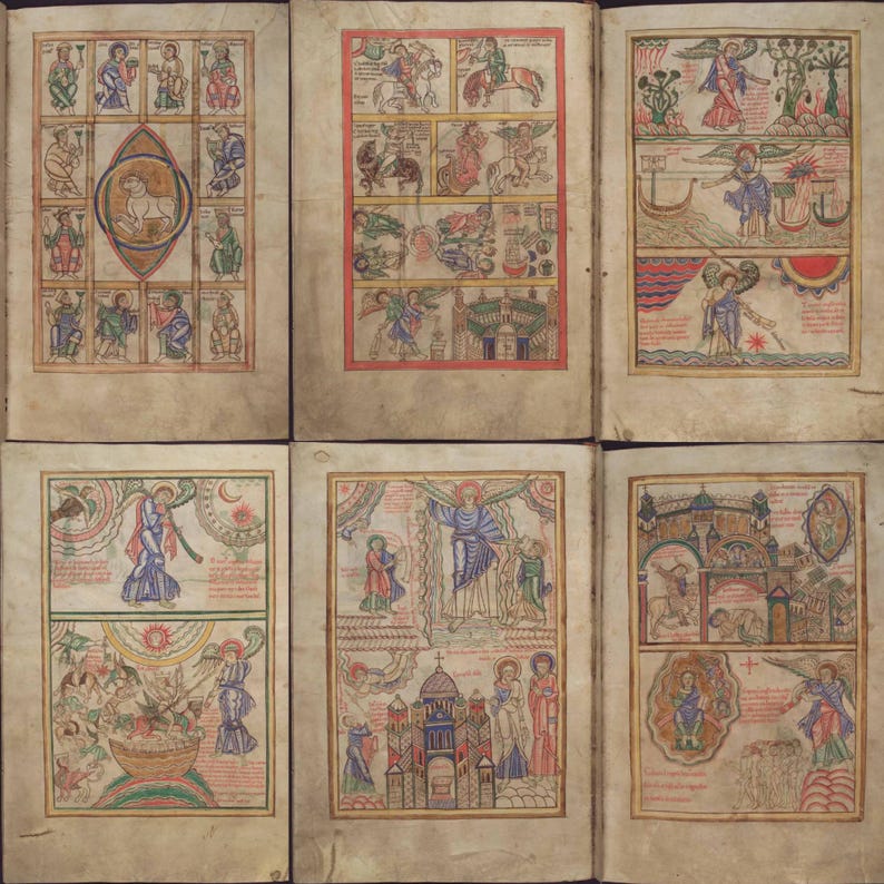 May include: A spread of six pages from an illuminated manuscript, each featuring colorful illustrations. The pages display various scenes with figures, animals, and architectural elements, all within decorative borders. The artwork is rendered in a medieval style.