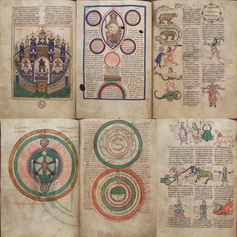 May include: A spread of pages from a medieval manuscript, featuring colorful illustrations and handwritten text. The images depict architectural structures, celestial diagrams, and figures engaged in various activities, all rendered in a vibrant palette of blues, reds, and greens.