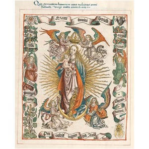 May include: A colorful religious illustration featuring the Virgin Mary holding baby Jesus, surrounded by angels and banners with Latin text. The artwork has a vintage style with vibrant colors and intricate details, including a golden halo.