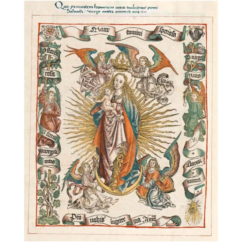 May include: A colorful religious illustration featuring the Virgin Mary holding baby Jesus, surrounded by angels and banners with Latin text. The artwork has a vintage style with vibrant colors and intricate details, including a golden halo.