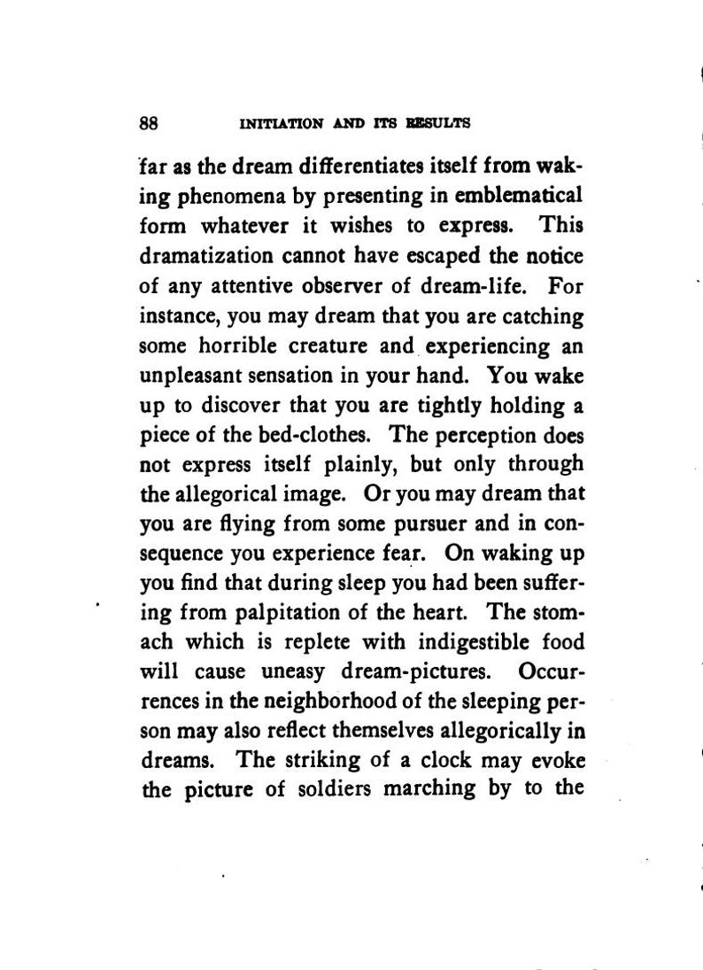 May include: A page from a vintage book with the title "INITIATION AND ITS RESULTS" at the top. The text discusses dreams and their symbolic nature, with paragraphs of black text on a cream-colored background.
