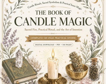 May include: An illustrated book cover titled "The Book of Candle Magic" with text about candle rituals and inner magic. The image includes a lit candle, crystals, a bowl of herbs, and a book. The cover is surrounded by floral and celestial illustrations.