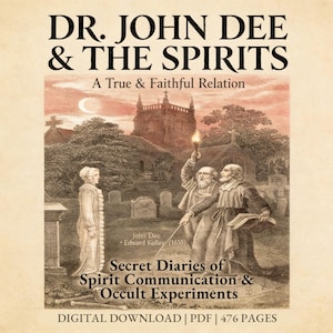 以下が含まれることがあります： 「DR. JOHN DEE & THE SPIRITS」というタイトルが黒字で書かれた、ヴィンテージスタイルの本の表紙。墓地で人物が描かれたイラストで、「Secret Diaries of Spirit Communication & Occult Experiments」というテキストが添えられています。