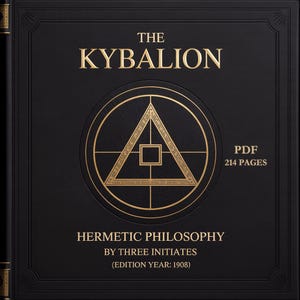 Peut inclure: Un livre noir intitulé "The Kybalion" avec des lettres dorées et un symbole géométrique. La couverture comprend également le texte "Hermetic Philosophy by Three Initiates (Edition Year: 1908)" et "PDF 214 Pages".