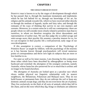 May include: A book page featuring the title "CHAPTER I" and "THE SAVAGE'S DREAD OF INCEST." The text explores the development of primitive man and the study of primitive races. The text is black on a white background.