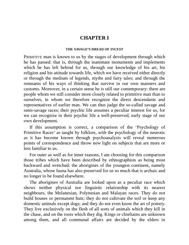 May include: A book page featuring the title "CHAPTER I" and "THE SAVAGE'S DREAD OF INCEST." The text explores the development of primitive man and the study of primitive races. The text is black on a white background.