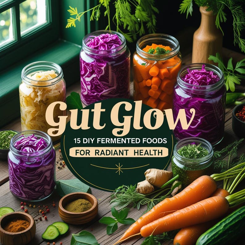 K&ouml;nnte beinhalten: Ein Bild mit Gl&auml;sern voller fermentierter Lebensmittel, darunter Rotkohl und Karotten. Der Text "Gut Glow" und "15 DIY Fermented Foods for Radiant Health" sind zu sehen. Frische Karotten, Gurken und Gew&uuml;rze sind um die Gl&auml;ser angeordnet.