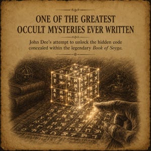 May include: A vintage-style illustration on parchment paper featuring the text ONE OF THE GREATEST OCCULT MYSTERIES EVER WRITTEN and John Dee's attempt to unlock the hidden code concealed within the legendary Book of Soyga. A glowing cube with symbols sits above a grid.
