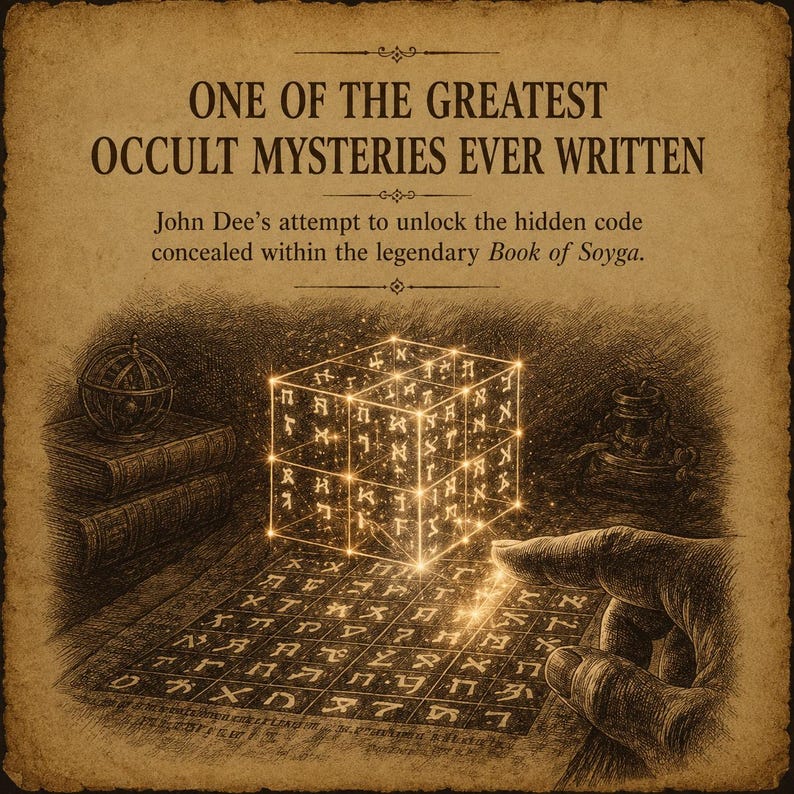 May include: A vintage-style illustration on parchment paper featuring the text ONE OF THE GREATEST OCCULT MYSTERIES EVER WRITTEN and John Dee's attempt to unlock the hidden code concealed within the legendary Book of Soyga. A glowing cube with symbols sits above a grid.