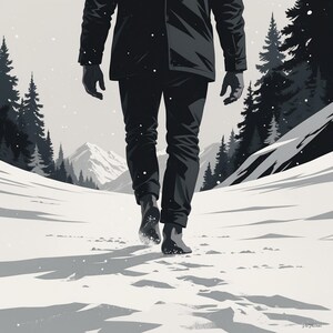 May include: Illustration of a person walking in a snowy landscape. The person is wearing a black coat, pants, and boots. The background features snow-covered mountains and evergreen trees. Snowflakes are falling, creating a winter scene.