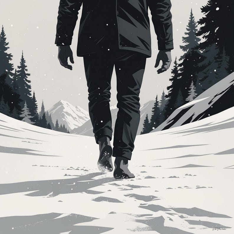 May include: Illustration of a person walking in a snowy landscape. The person is wearing a black coat, pants, and boots. The background features snow-covered mountains and evergreen trees. Snowflakes are falling, creating a winter scene.