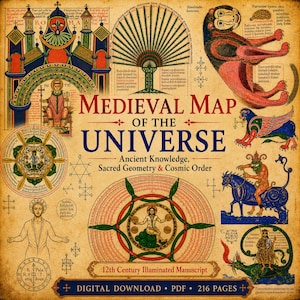 May include: A vintage-style illustration titled "Medieval Map of the Universe." The image features detailed drawings of figures, buildings, and geometric shapes, with text including "Ancient Knowledge" and "12th Century Illuminated Manuscript."