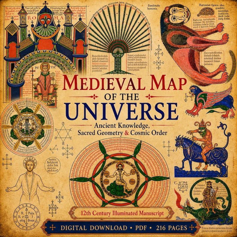 May include: A vintage-style illustration titled "Medieval Map of the Universe." The image features detailed drawings of figures, buildings, and geometric shapes, with text including "Ancient Knowledge" and "12th Century Illuminated Manuscript."