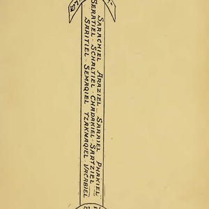 May include: An illustration from the "Imperial Ritual of Magic" featuring a magic wand. The wand is a vertical cylinder with Hebrew text and the names of angels. The text "MAGIC WAND" is at the bottom.