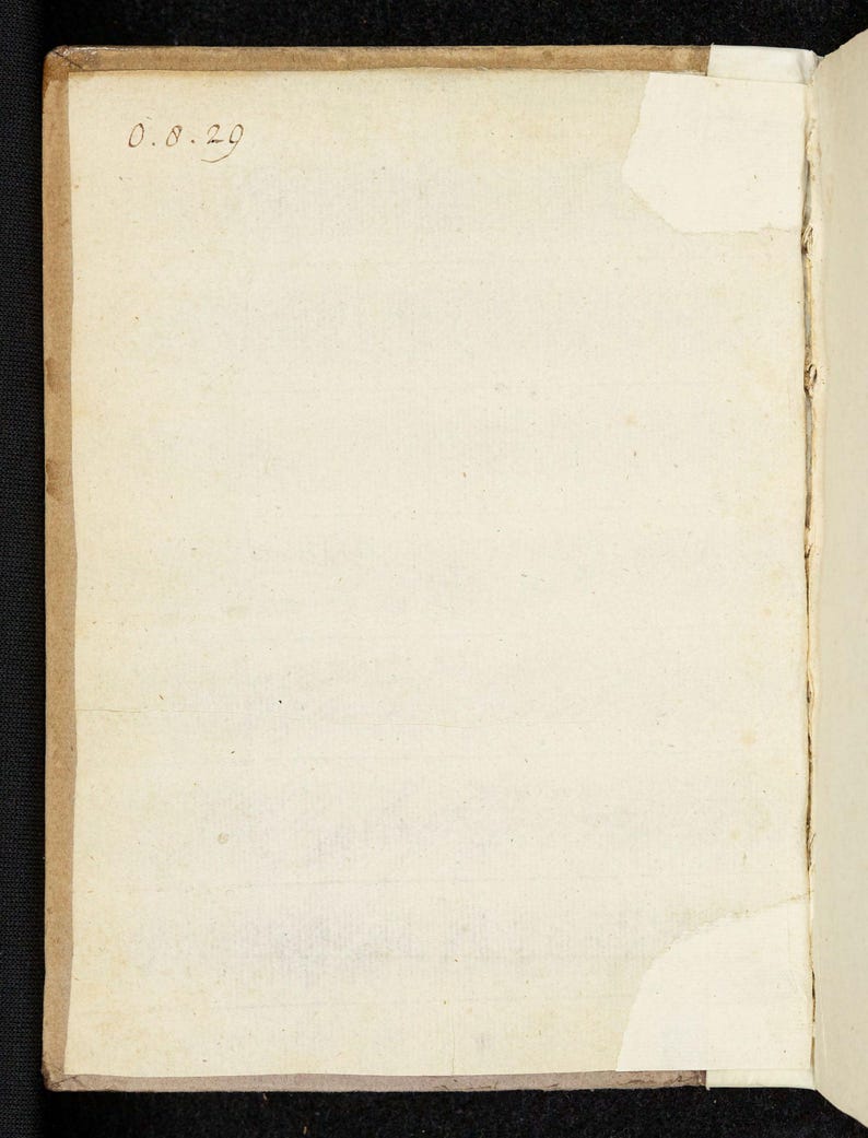 May include: Open book with aged, off-white pages. The edges of the pages are a light brown. The upper left corner has the handwritten date "0.8.29". The book is open to a blank page, with a torn corner.