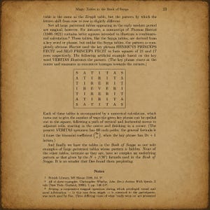 May include: A page from the Book of Soyga featuring text about magic tables and a central seven-by-seven letter square grid containing the letters S, A, T, I, R, E, and V. The page includes a header, explanatory paragraphs, and three numbered notes.