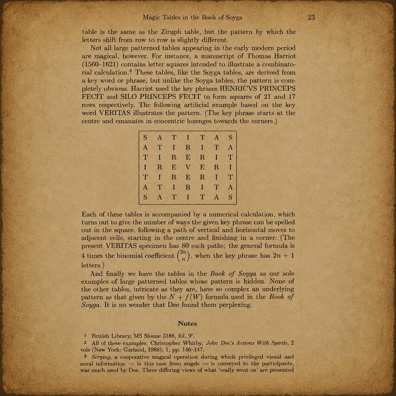 May include: A page from the Book of Soyga featuring text about magic tables and a central seven-by-seven letter square grid containing the letters S, A, T, I, R, E, and V. The page includes a header, explanatory paragraphs, and three numbered notes.