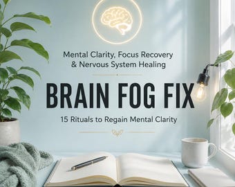 May include: An open book with a pen, a mug, and a small notebook on a light blue surface. The text "BRAIN FOG FIX" is prominently displayed, along with the phrases "Mental Clarity, Focus Recovery & Nervous System Healing" and "15 Rituals to Regain Mental Clarity."