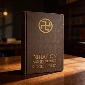 May include: A vintage hardcover book titled "INITIATION AND ITS RESULTS" by Rudolf Steiner. The cover is brown with a gold emblem and text. The background is a blurred library setting.