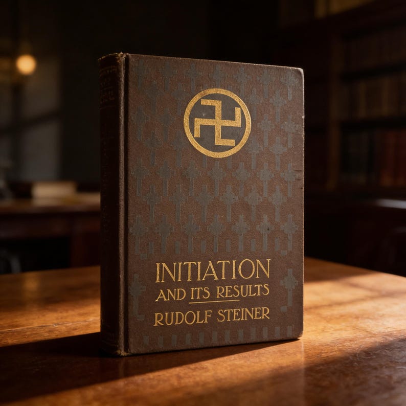 May include: A vintage hardcover book titled "INITIATION AND ITS RESULTS" by Rudolf Steiner. The cover is brown with a gold emblem and text. The background is a blurred library setting.