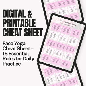 Peut inclure: Une fiche de triche de yoga facial numérique et imprimable avec 15 règles essentielles pour la pratique quotidienne. Le texte est en noir et blanc, avec des cases roses contenant des instructions. L'image est affichée sur plusieurs tablettes.