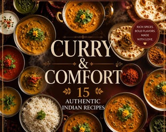 May include: A digital cookbook titled Curry & Comfort featuring 15 authentic Indian recipes. The cover displays various bowls of curry, rice, and naan bread with text reading Authentic Indian Cuisine, Traditional Curries & Homemade Favorites.