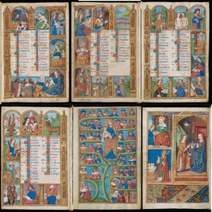May include: A collection of six open medieval manuscript pages. Each page features colorful illustrations and handwritten text, with ornate borders and detailed depictions of religious figures and scenes. The pages are arranged in a grid.