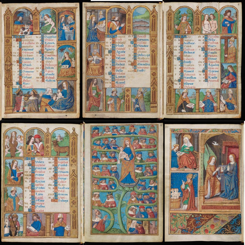 May include: A collection of six open medieval manuscript pages. Each page features colorful illustrations and handwritten text, with ornate borders and detailed depictions of religious figures and scenes. The pages are arranged in a grid.