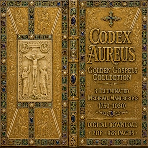 May include: An ornate, gold-coloured book cover with the title "CODEX AUREUS GOLDEN GOSPELS COLLECTION." The cover is richly decorated with embossed patterns, religious figures, and a central depiction of the crucifixion. The digital download includes 928 pages.