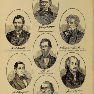 May include: A page from an antique book with illustrations of U.S. presidents in oval frames. Each black and white portrait has the president's name and term of office beneath. The title "THE SAGE'S KEY TO" is printed at the top of the page.