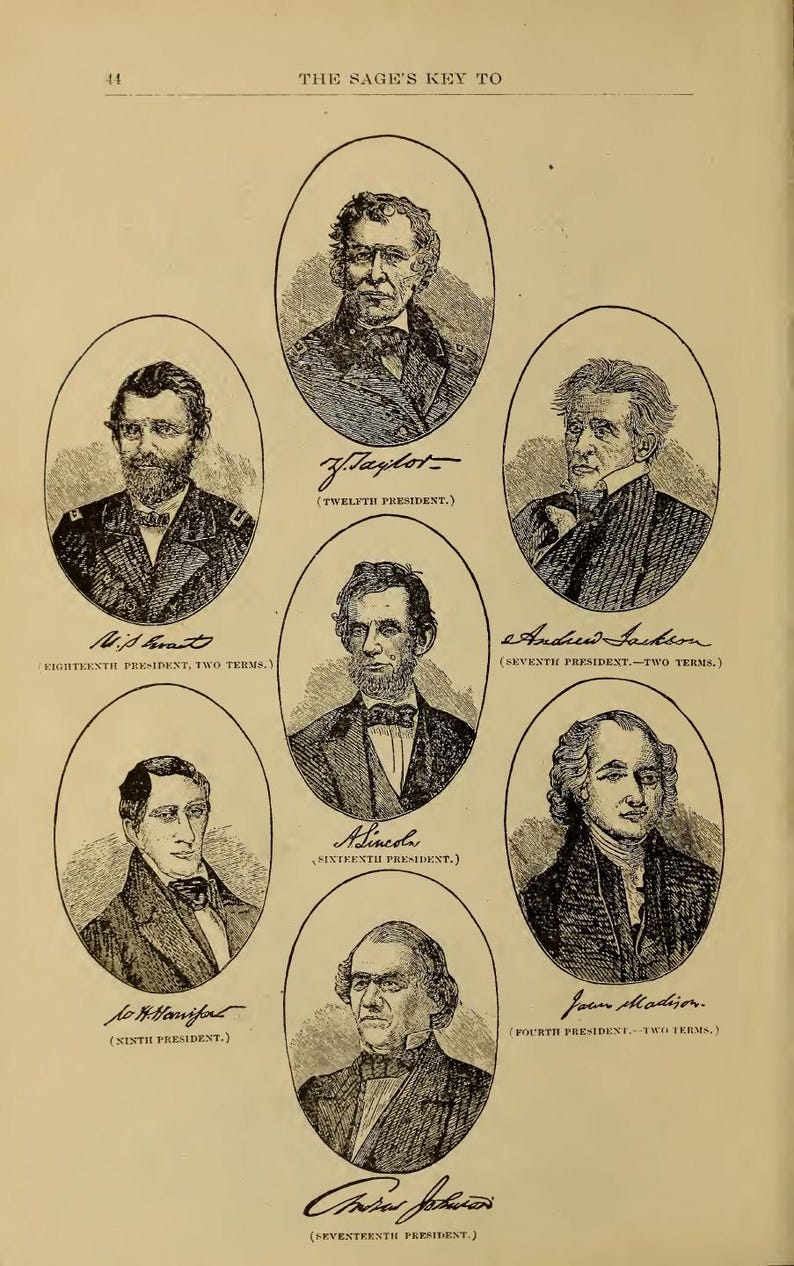 May include: A page from an antique book with illustrations of U.S. presidents in oval frames. Each black and white portrait has the president's name and term of office beneath. The title "THE SAGE'S KEY TO" is printed at the top of the page.