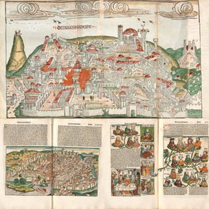 May include: A detailed, antique map illustration of a city with red-roofed buildings, towers, and walls, set against a green hill. The map includes text and additional illustrations of people and scenes, with a decorative border.