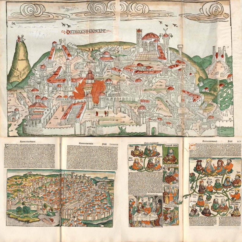 May include: A detailed, antique map illustration of a city with red-roofed buildings, towers, and walls, set against a green hill. The map includes text and additional illustrations of people and scenes, with a decorative border.