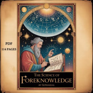Puede incluir: Ilustración de portada de libro de época. Muestra a un hombre barbudo con una túnica, estudiando un diagrama. El título "The Science of Foreknowledge" se muestra debajo. También es visible el texto "PDF 114 PAGES". Tema celestial.