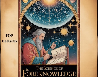 Puede incluir: Ilustración de portada de libro de época. Muestra a un hombre barbudo con una túnica, estudiando un diagrama. El título "The Science of Foreknowledge" se muestra debajo. También es visible el texto "PDF 114 PAGES". Tema celestial.