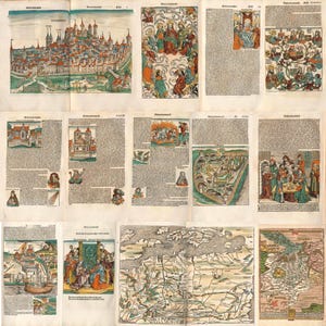 May include: A collection of antique, multi-page documents featuring detailed illustrations and text. The pages display colorful depictions of cityscapes, religious scenes, maps, and figures, showcasing a historical printing style.