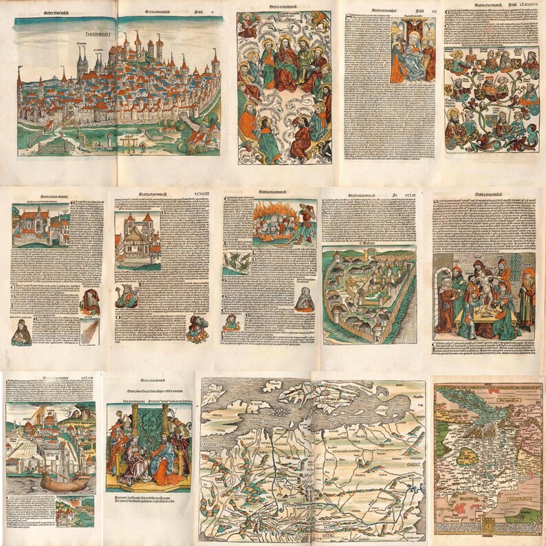 May include: A collection of antique, multi-page documents featuring detailed illustrations and text. The pages display colorful depictions of cityscapes, religious scenes, maps, and figures, showcasing a historical printing style.