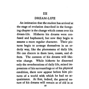May include: A page from a book with the title "DREAM-LIFE" and text describing the evolution of dreams. The text is in black font on a white background. The number "87" is at the bottom of the page.