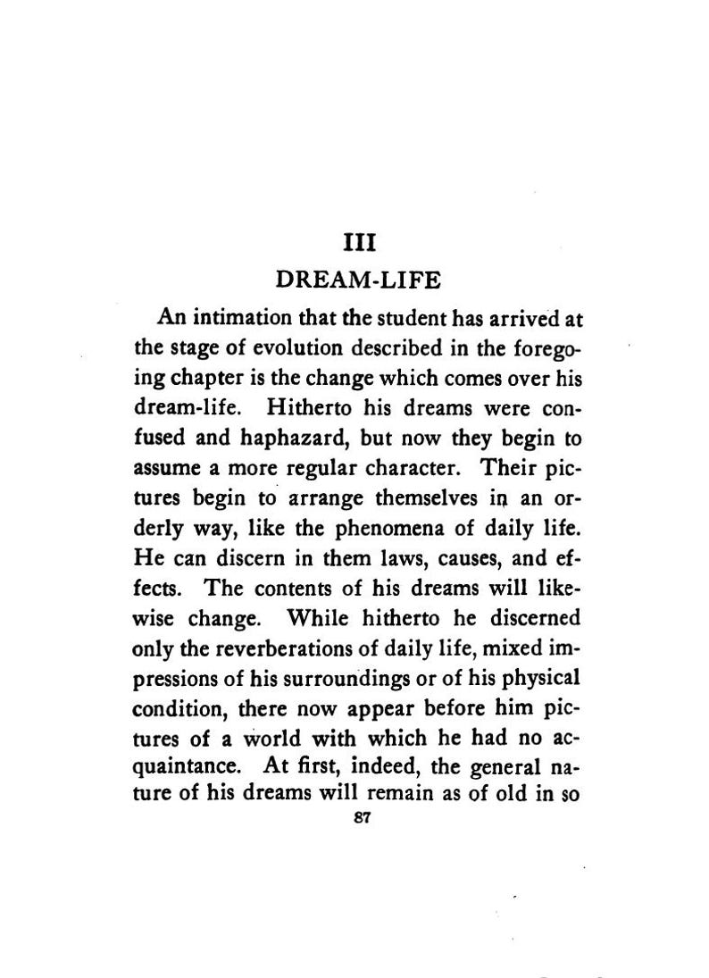 May include: A page from a book with the title "DREAM-LIFE" and text describing the evolution of dreams. The text is in black font on a white background. The number "87" is at the bottom of the page.