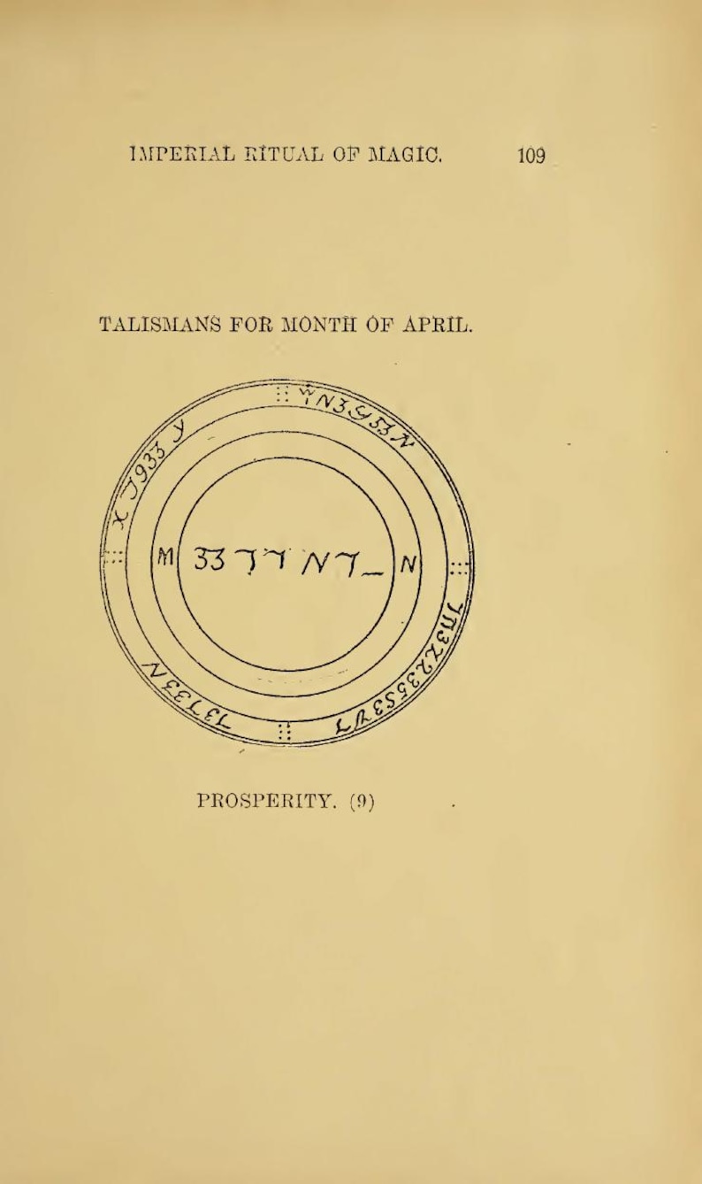 May include: A page from a book titled "Imperial Ritual of Magic" with text and a circular diagram. The diagram has concentric circles with symbols and text, including "Talisman for Month of April" and the word "Prosperity".