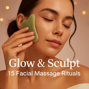 Può includere: Una donna usa uno strumento Gua Sha verde giada sul viso. L'immagine ha il testo "Glow & Sculpt" e "15 Facial Massage Rituals" in bianco. La donna ha gli occhi chiusi e tiene lo strumento sulla guancia.