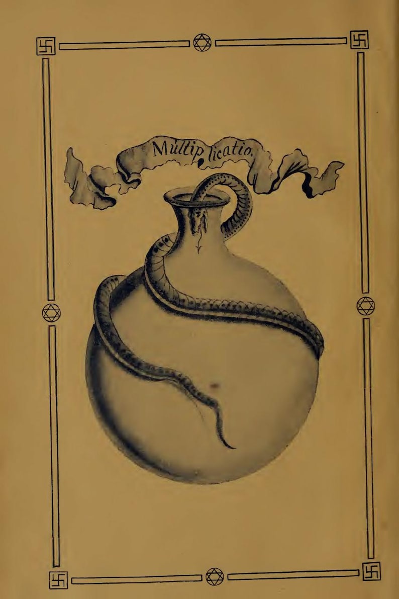 May include: An illustration of a vase entwined by a snake, with the word "Multiplicatio" on a banner above. The image is set within a decorative border, reminiscent of an old print.
