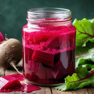 K&ouml;nnte beinhalten: Ein Glas mit leuchtend roten R&uuml;ben und Saft, zusammen mit ganzen R&uuml;ben, R&uuml;benscheiben und frischen gr&uuml;nen R&uuml;benbl&auml;ttern. Das Bild ist auf einer rustikalen Holzoberfl&auml;che platziert.