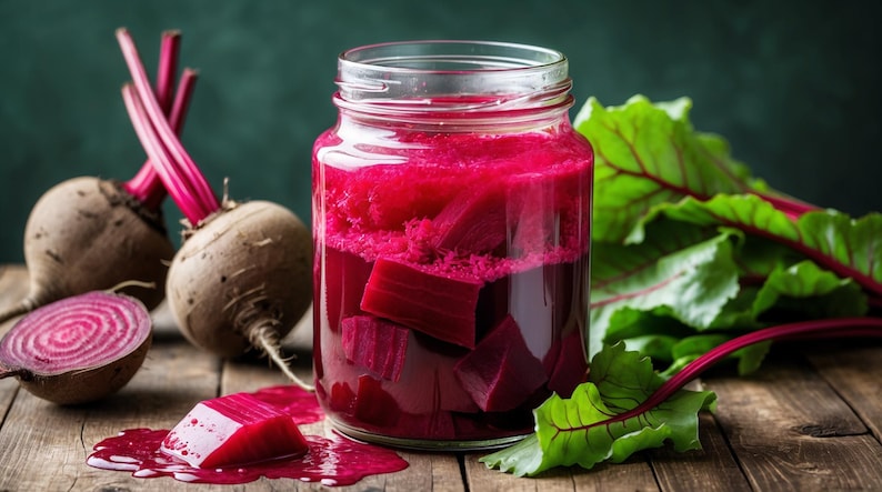 K&ouml;nnte beinhalten: Ein Glas mit leuchtend roten R&uuml;ben und Saft, zusammen mit ganzen R&uuml;ben, R&uuml;benscheiben und frischen gr&uuml;nen R&uuml;benbl&auml;ttern. Das Bild ist auf einer rustikalen Holzoberfl&auml;che platziert.