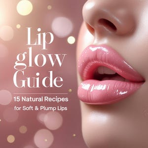 Könnte beinhalten: Nahaufnahme eines Gesichts mit Fokus auf glänzende, rosa Lippen. Der Text "Lip glow Guide" wird zusammen mit "15 natürliche Rezepte für weiche und volle Lippen" angezeigt.