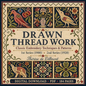 Peut inclure: Téléchargement numérique d'une couverture de livre intitulée "Drawn Thread Work". La couverture présente des panneaux brodés avec des oiseaux, des fleurs et des motifs géométriques en rouge, bleu et beige. Le texte comprend "Classic Embroidery Techniques & Patterns".