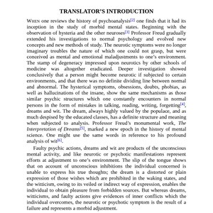 May include: A page of text from a book titled "Translator's Introduction." The text discusses psychoanalysis, hysteria, neuroses, and the work of Professor Freud, including "The Interpretation of Dreams."
