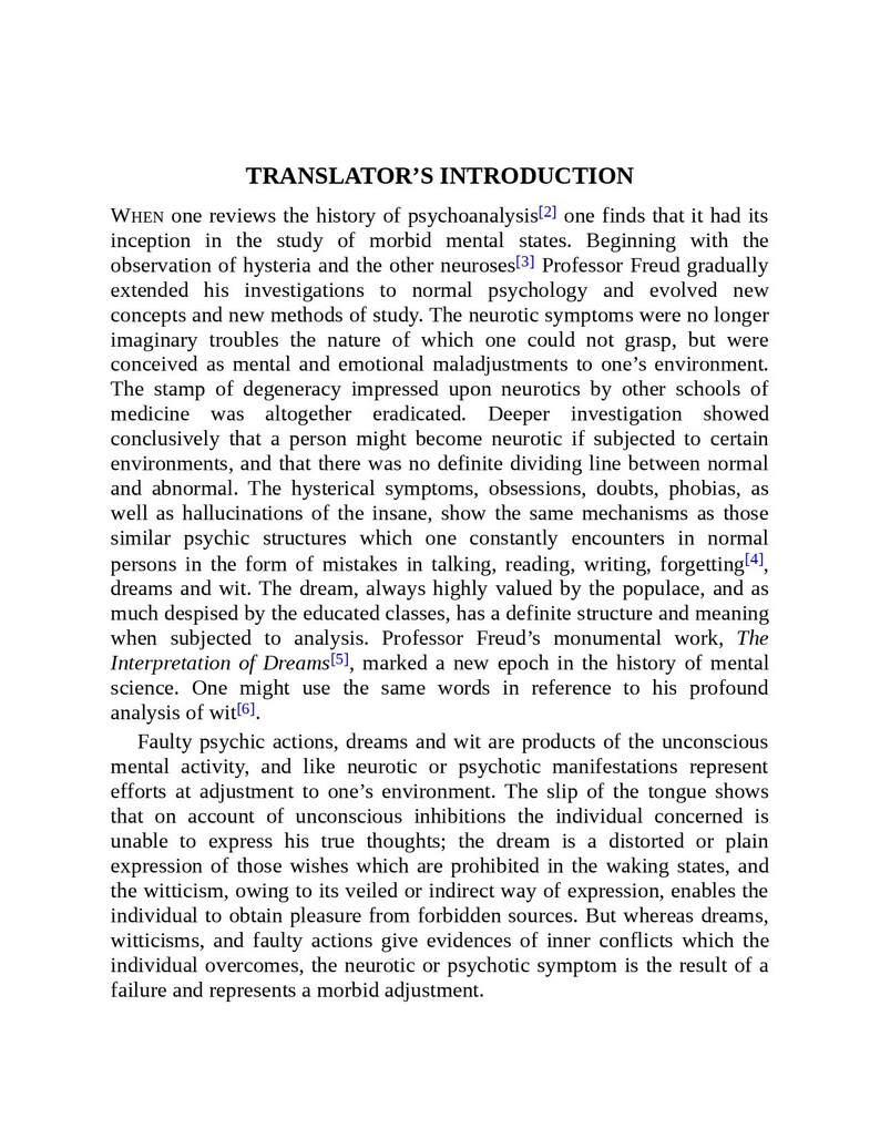 May include: A page of text from a book titled "Translator's Introduction." The text discusses psychoanalysis, hysteria, neuroses, and the work of Professor Freud, including "The Interpretation of Dreams."