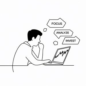 K&ouml;nnte beinhalten: Schwarz-wei&szlig;e Strichzeichnung einer Person, die an einem Laptop sitzt. &Uuml;ber dem Laptop befinden sich Sprechblasen mit den W&ouml;rtern "FOCUS", "ANALYZE" und "INVEST". Der Bildschirm zeigt ein Diagramm.