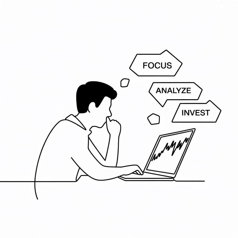 K&ouml;nnte beinhalten: Schwarz-wei&szlig;e Strichzeichnung einer Person, die an einem Laptop sitzt. &Uuml;ber dem Laptop befinden sich Sprechblasen mit den W&ouml;rtern "FOCUS", "ANALYZE" und "INVEST". Der Bildschirm zeigt ein Diagramm.